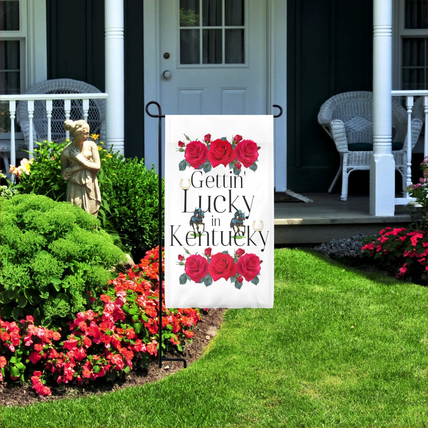 Horse Racing Garden Flag – Kentucky-Inspired Outdoor Décor – 18x11.5 - GETTING LUCKY IN KENTUCKY