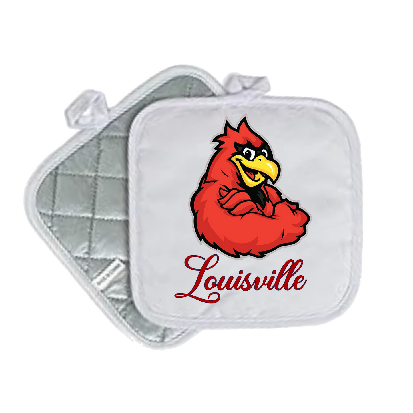 Kentucky & Louisville Quilted Pot Holders – White 8x8 | State Pride Kitchen Decor - CARDINAL LOUISVILLE