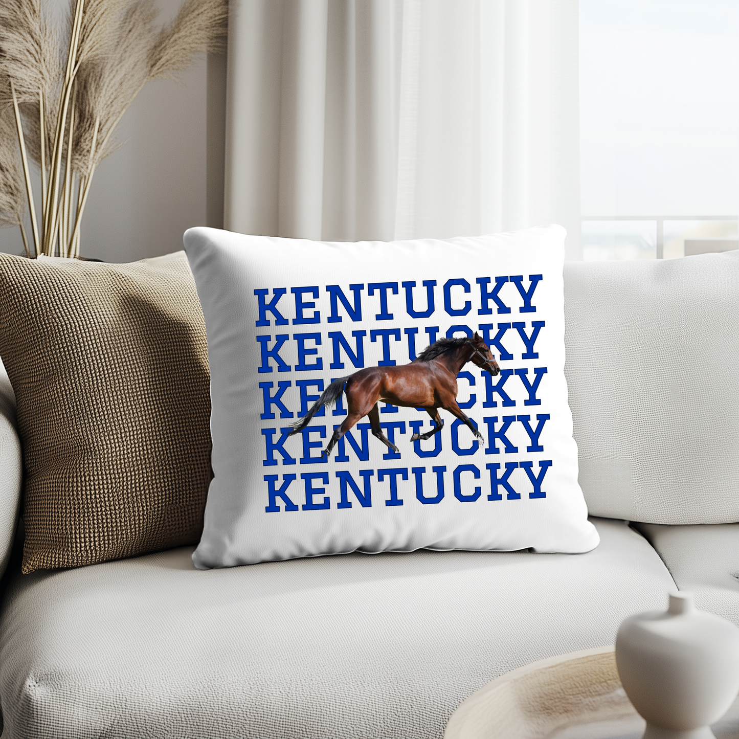 Kentucky-Themed Decorative Pillow Cover – 18x18 | Cozy, Soft Fabric with Enclosed Zipper - KENTUCKY WITH HORSE