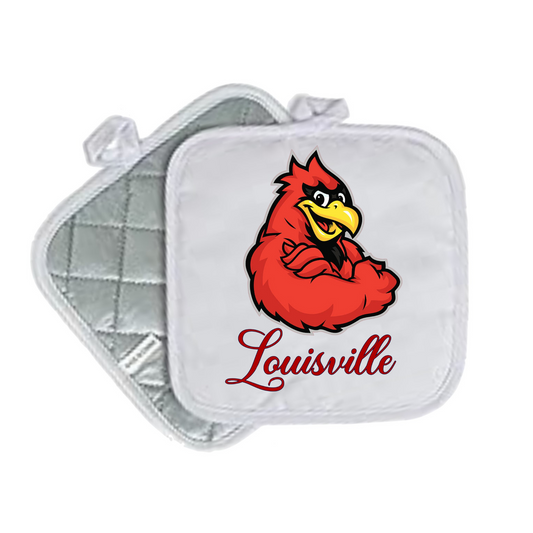 Kentucky & Louisville Quilted Pot Holders – White 8x8 | State Pride Kitchen Decor - CARDINAL LOUISVILLE