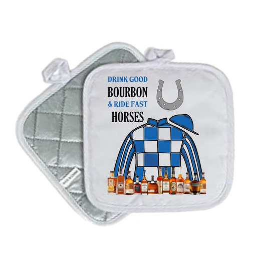 "Drink Good Bourbon, Ride Fast Horses" Potholder – Jockey Silk, Horseshoe & Bourbon Bottles – 8x8 Quilted Hot Pad