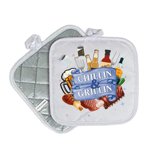 "Chillin’ and Grillin’" BBQ Potholder – Backyard BBQ Essentials Design – 8x8 Quilted Hot Pad