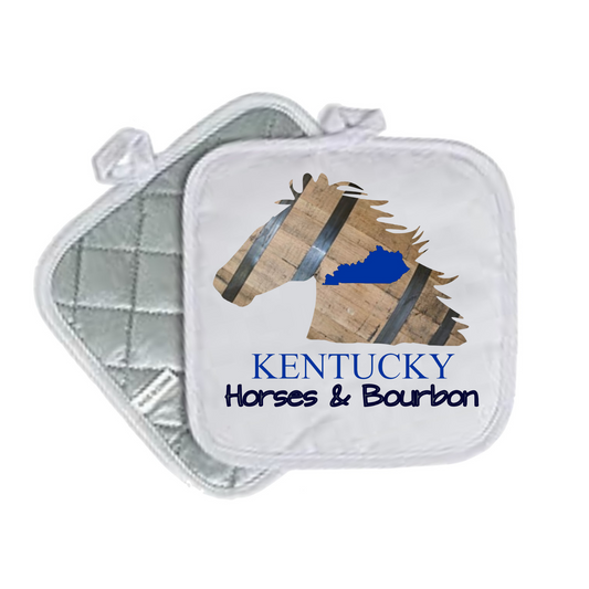 Kentucky Horses and Bourbon Potholder – Horse Head in Bourbon Ball Wood & Blue State Silhouette – 8x8 Quilted Hot Pad