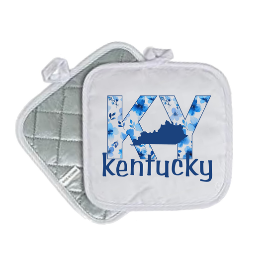 Kentucky & Louisville Quilted Pot Holders – White 8x8 | State Pride Kitchen Decor - KENTUCKY FLORAL WITH STATE