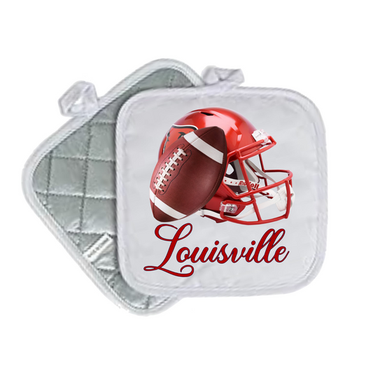 Kentucky & Louisville Quilted Pot Holders – White 8x8 | State Pride Kitchen Decor - LOUISVILLE HELMET