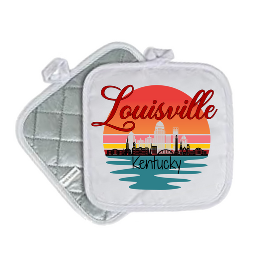 Kentucky & Louisville Quilted Pot Holders – White 8x8 | State Pride Kitchen Decor - LOUISVILLE SKYLINE